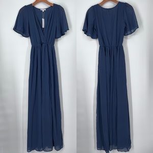 Baltic Born NEW Blue Kristina Tie Waist Flutter Sleeve Maxi Dress